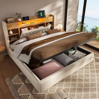 Matteo Beige King Size Upholstered Bed Frame - Hydraulic Storage, LED & USB