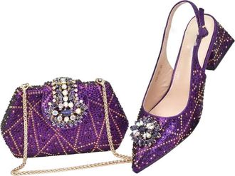 Generic Womens Italian Pointed Toe Wedding Block Heels Shoes With Rhinestoness Decoration And Metal Closure Bag Set
