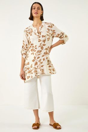 Roman Leaf Print Wrap Hem Tunic Top