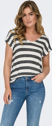Only V-Shirt ONLY ONLLIRA LIFE S/S V-NECK TOP JRS NOOS, Damen, Gr. XL, schwarz stripes:cloud dancer, Jersey, Obermaterial: 95% Viskose, 5% Elasthan, gestre