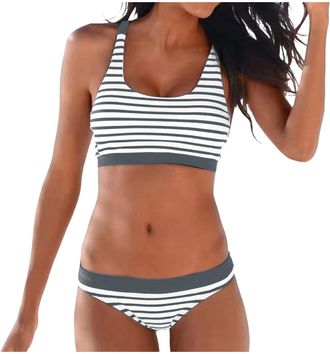 Generic Striped Womens Sexy Bikini Sets 2 Piece Swimsuits Sets Swim Crop Top with High Waisted Ruched Bottom Tummy Control Bathing Suits Swimwear Striped Vest