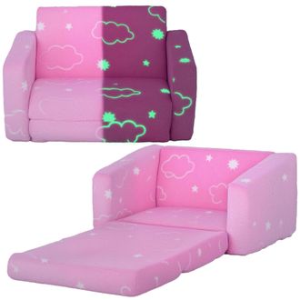 OEM Sof&aacute; Infantil Plegable 2 En 1 Tapizado De Tela Luminosa Con Patr&oacute;n De Nubes Coj&iacute;n Y Funda Lavables Rosa