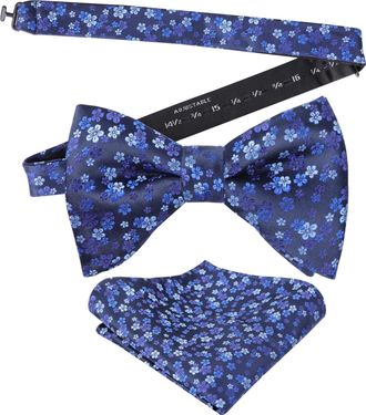 Alizeal Mens Floral Patterned Pre-tied Bow Tie and Hanky for Formal Wedding Business Party Natural Bow Tie Set, Navy+Royal Blue