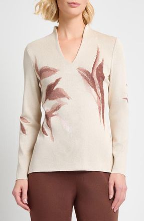 Misook Botanical Jacquard Knit Top in Biscotti/Charmeuse/Truffle at Nordstrom, Size Xx-Large