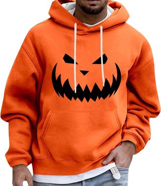 Generic Happy Halloween Costumes for Men Pumpkin Face Hoodie with Pocket Spooky Sweatshirts Hooded Long Sleeve Pullover Tops(Orange5, XL)