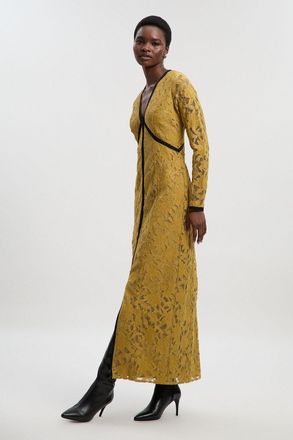 Karen Millen Womens Lace with black taping long sleeve woven maxi dress - Lime Green polyamide - Size 12 UK