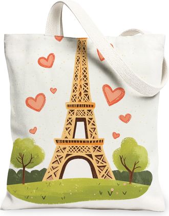 Generic Paris Tower Canvas Tote Bags, Cute Heart Pattern Reusable Grocery Bags, Lightweight Washable Shoulder Strap for Travel Beach Picnic 13x15 Inch