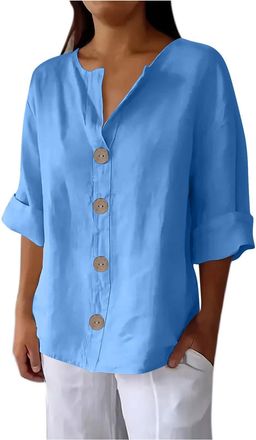 Generic Ladies Summer Tops Cotton Linen 3/4 Sleeve Shirts Button Down Blouses Oversize Womens T-Shirts Solid Color Thin Summer Tops Lounge Tees Tunic Loose Fi
