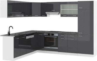 Vicco Cocina Esquinera R-line, Antracita Brillo Intenso/blanco, 227 X 287 Cm, Et Antracita