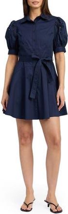 En Saison Nara Eyelet Detail Puff Sleeve Cotton Blend Mini Shirtdress in Navy at Nordstrom Rack, Size X-Small