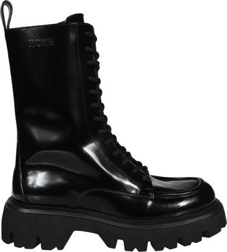 Msgm Kalfsleren Ronde Neus Laarzen - Heren - Veterlaarzen - Zwart - 39 EU - Leer - Schoenen