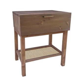 NATYAL Mesita de noche de madera en tono oscuro con caj&oacute;n y balda de rafia
