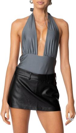 Edikted Justice Shiny Plunge Halter Bodysuit in Gray at Nordstrom, Size X-Large