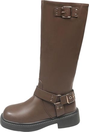 Generic Womens Autumn Winter Mid Calf Boots Fashion Solid Color Lace Up Side Zipper Knee High Riding Boots Comfortable(Khaki, 3.5)