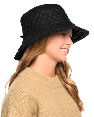 Angela & William Foldable Water Repellent Quilted Rain Hat w/Adjustable Drawstring, Bucket Cap, Black, One Size