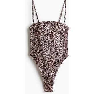 H&M Padded-cup Bandeau Swimsuit in Light Beige/leopard Print at Nordstrom, Size X-Large