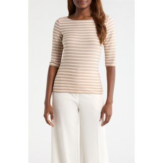 Emporio Armani Stripe Elbow Sleeve Top in Cappuccino at Nordstrom, Size Xx-Large