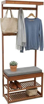 Relaxdays Relaxdays coat rack with bench, 2 shoe shelves, 10 hooks, HxWxD: 175x70x33 cm, walnut
