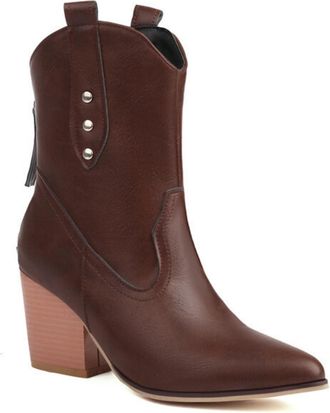 Generic Womens High Heeled Short Boots with Rivet Pointed Toe Western Cowboy Boot PU Leather Cowgirl Boots with Zipper,Brown,3.5 UK