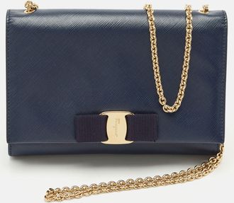 Ferragamo Navy Blue Leather Vara Bow Chain Clutch