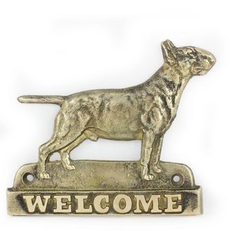 OEM Bull Terrier - Cartel Para Puerta Con Perro, Placa De Bienvenida De Lat&oacute;n, Cartel &Uacute;nico Con La Inscripci&oacute;n Welcome De Art-dog