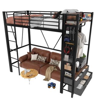 STILVORA Cama Alta Individual Con 4 Cajones, Estantes, Usb Y Puerto Type-c, Led, 90 X 200 Cm, Sin Colch&oacute;n