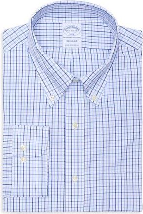 Brooks Brothers Regular Fit Plaid Non-Iron Cotton Dress Shirt in Blue at Nordstrom Rack, Size 17.5 - 36/37