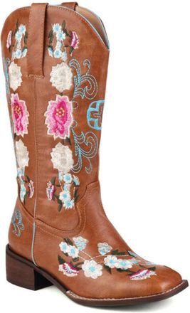 Generic Womens Pull on Wide-Calf Boots with Embroidery Stitched Low Block Heel Long Boots Square Toe Western Cowboy Boot,Brown,3.5 UK
