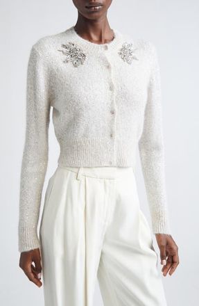 Erdem Crystal & Sequin Embellished Alpaca Blend Crop Cardigan in Champagne at Nordstrom, Size X-Small