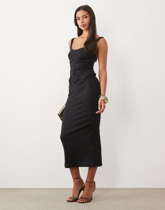 Asos vestito midi a tubino con dettaglio in vita stile corsetto nero