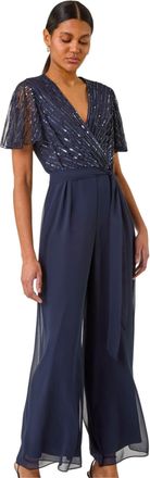 Roman Womens Embellished Beaded V-Neck Jumpsuit - Navy - Size 10 UK