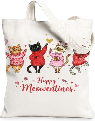 Generic Cute Cats Canvas Tote Bags, Happy Love Animal Pattern Reusable Grocery Bags, ValentineS Day Lightweight Washable Shoulder, White, 13x15 Inch