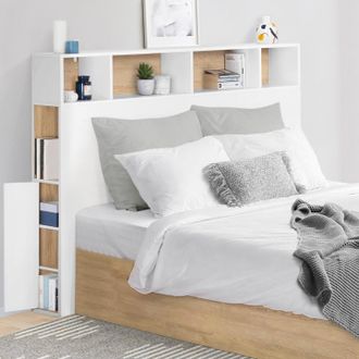 IDMarket Cabecero Cleo 165 Cm Con Armarios En Blanco Y Haya