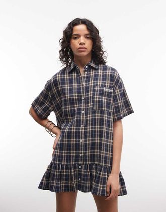 The Ragged Priest Vestito camicia corto oversize blu a quadri con bottoni