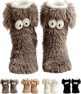 Generic Friends Cozy Socks, Womens Winter Warm Fuzzy Non-Slip Slipper Socks with Cute Big Eyes, Winter Home Sock for Women (grey)