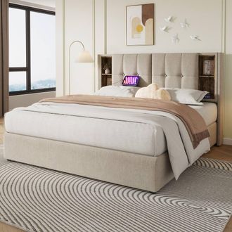 Merax Upholstered Bed with Wireless Charging, Hydraulic Storage Bed Frame in Beige | Size: King