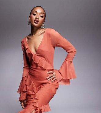 Asos Tall ASOS DESIGN Tall v neck long sleeve ruffle maxi dress with cut out back in rust-Red