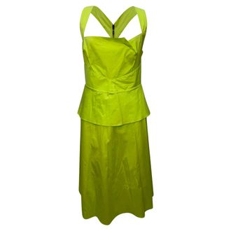 Roland Mouret Square Neck Midi Dress in Neon Green Cotton