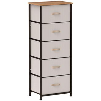 HOMCOM 5 Drawer Fabric Chest of Drawers w/ Wooden Top for Hallway - Cream | TJ Hughes