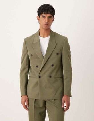Asos Giacca da abito doppiopetto vestibilit&agrave; classica in twill color oliva-Verde