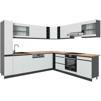 Vicco Cucina angolare completa R-Line, Bianco/antracite, 257 x 277 cm J-Shape, pl Rovere