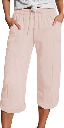 Generic Linen Trousers Womens Drawstring Elastic Waist Summer Lightweight 3/4 Trousers with Pockets Causal Loose Comfortable Fabric Sport Leisure Beach Hiking