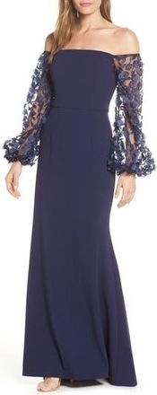Eliza J Floral Appliqu&eacute; Long Sleeve Off the Shoulder Gown in Navy at Nordstrom Rack, Size 10