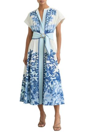 Reiss Sawyer Belted Midi Dress in Blue/Ivory at Nordstrom, Size 12 Us