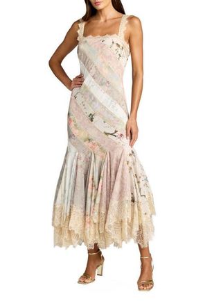 Mac Duggal Floral Chiffon Midi Dress with Lace Trim in Pastel Multi at Nordstrom, Size 12