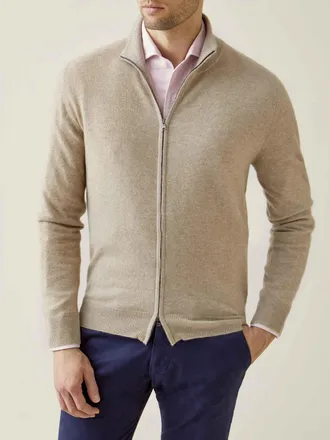 Luca Faloni Camel Beige Cashmere (2-Ply) Zip Cardigan