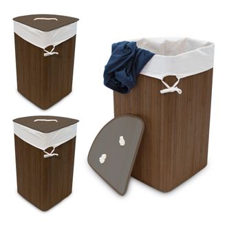 Relaxdays 3x Cestos Ropa Sucia Esquinero, Cubo Colada Plegable Con Tapa, Canasta, Bamb&uacute;, 65 X 49,5 X 37 Cm, Marr&oacute;n