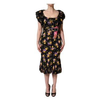 Dolce & Gabbana Crystal Brooch Silk Midi Dress - female - Dolce & Gabbana - Midi Dresses - Multicolor - M - Dresses