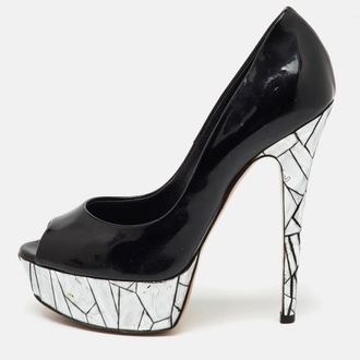 Casadei Black Patent Leather Mosaic Mirror Heel Peep Toe Platform Pumps