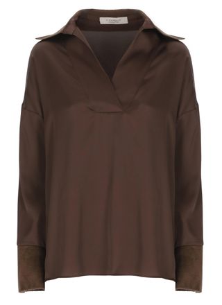 D.exterior Brown Velvet Collar Satin Blouse